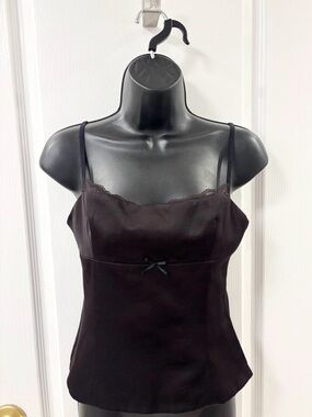 Y2K Zara Lace Trim Bow Fitted Dark Brown Tank Top Feminine Coquette Going Out S